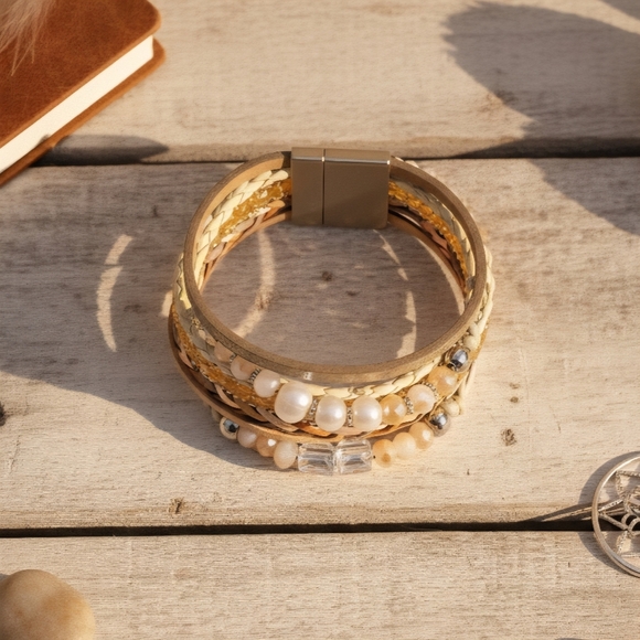 🆕Boho Chic Layered Vegan Leather Magnetic Trendy Bracelet with Faux Pearls - Picture 6 of 17